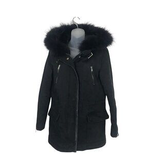 Maje Black Fur trimmed Hood & Faux Fur Lining Coat With Silver Zippers Size S